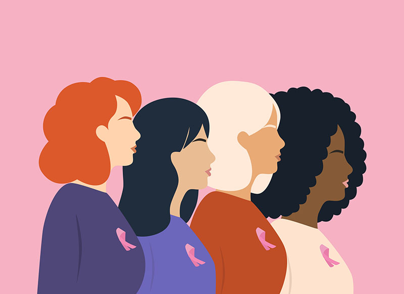 Illustration depicting a diverse group of women wearing pink ribbons